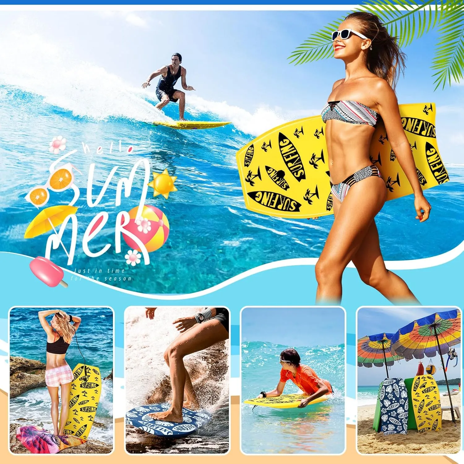 2 Pcs Body Boards for Beach, Lightweight PE Bodyboard Surfboards with EPS Core, Wrist Leash, XPE Deck and HDPE Slick Bottom for Kids Teens Adults Pool Surfing