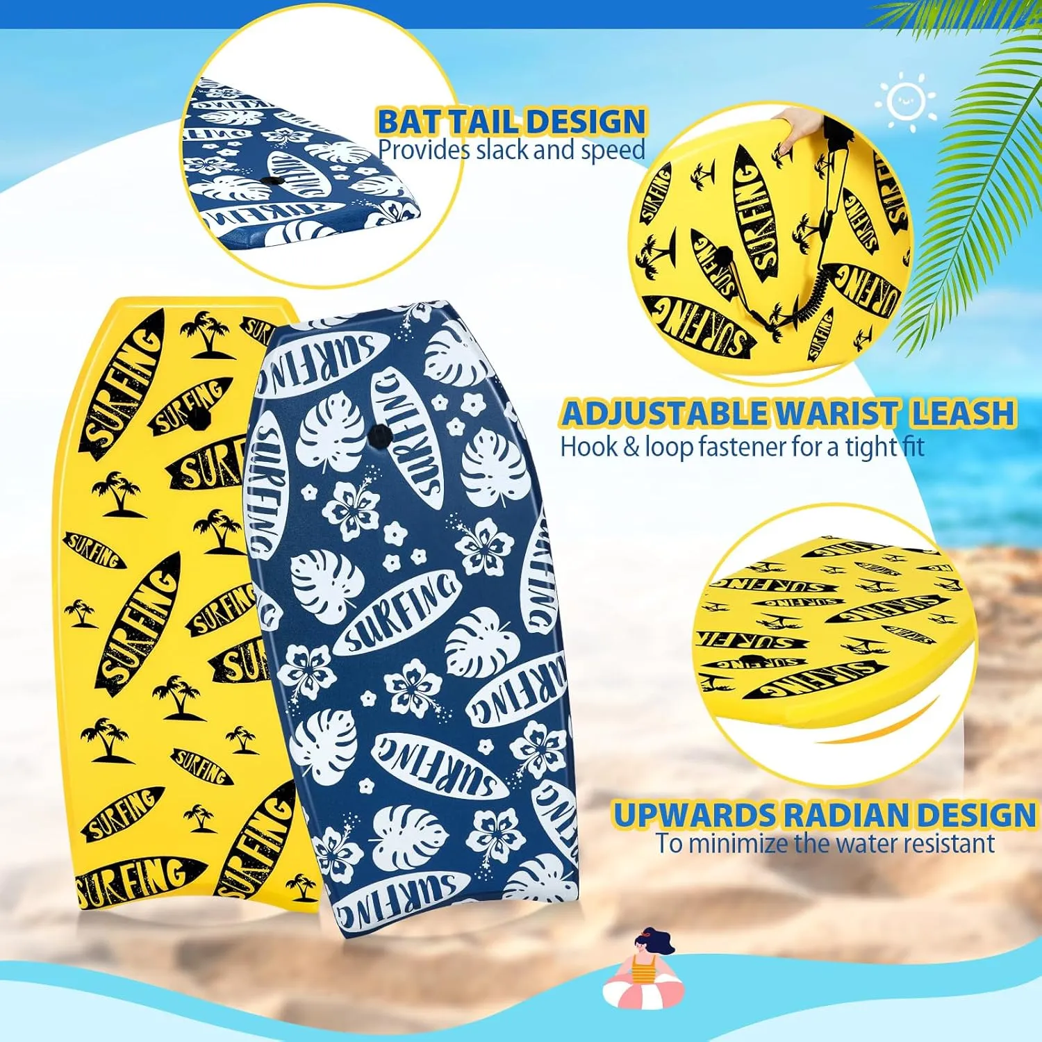 2 Pcs Body Boards for Beach, Lightweight PE Bodyboard Surfboards with EPS Core, Wrist Leash, XPE Deck and HDPE Slick Bottom for Kids Teens Adults Pool Surfing