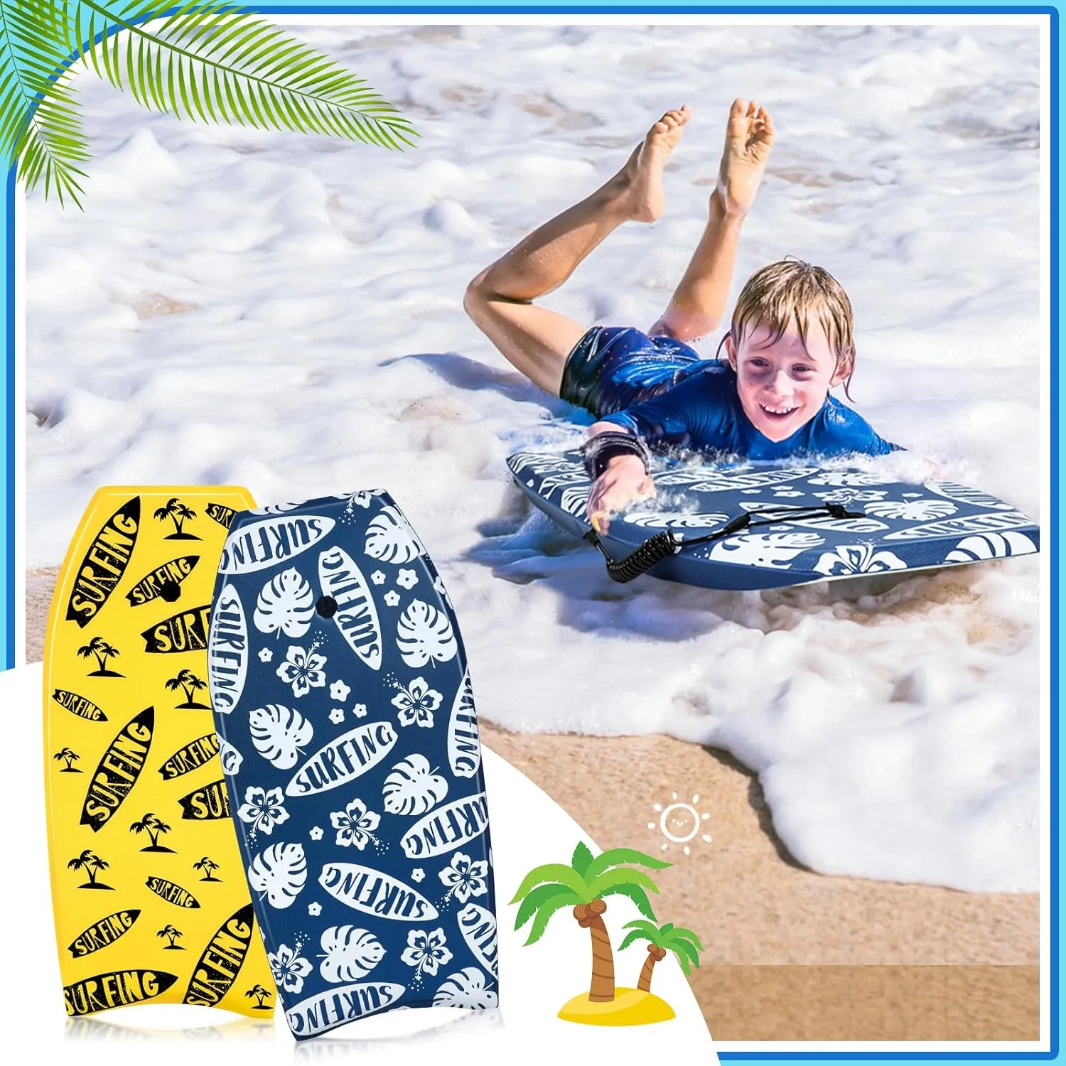 2 Pcs Body Boards for Beach, Lightweight PE Bodyboard Surfboards with EPS Core, Wrist Leash, XPE Deck and HDPE Slick Bottom for Kids Teens Adults Pool Surfing