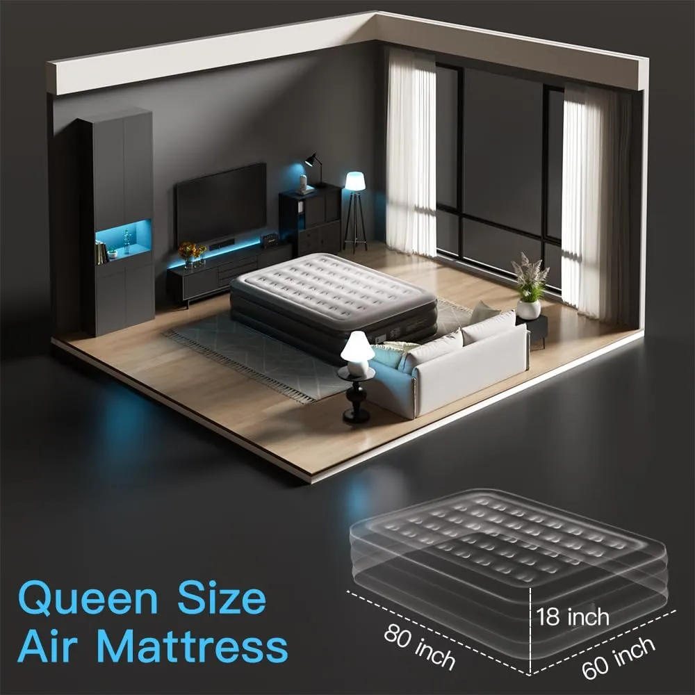 Air Mattress Queen with Built in Pump - Upgraded Blow Up Bed,2 Mins Quick Self Inflatable and Deflate, 18"/650lbs Max, Strong Support, Flocked Top, Puncture Resistant, for Camping,Home,Guests