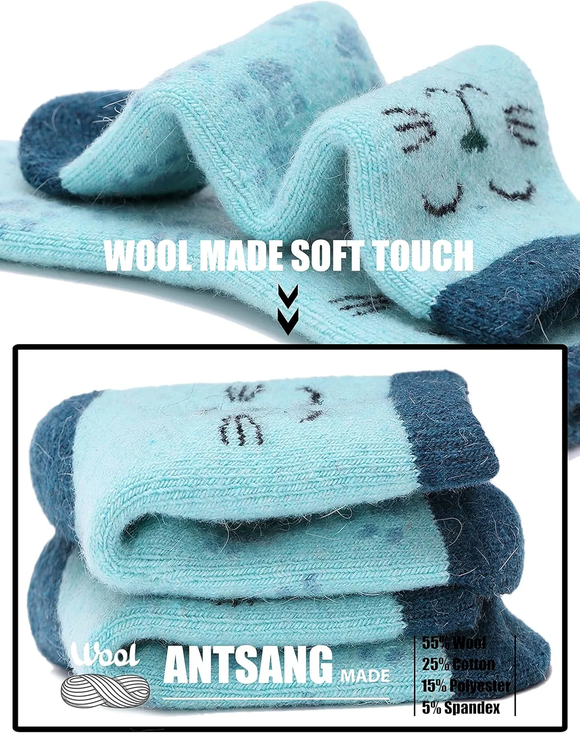 ANTSANG Kids Merino Wool Hiking Socks for Toddlers Boys Girls Warm Thick Thermal Crew Boot Heavy Cozy Gift Socks 6 Pairs