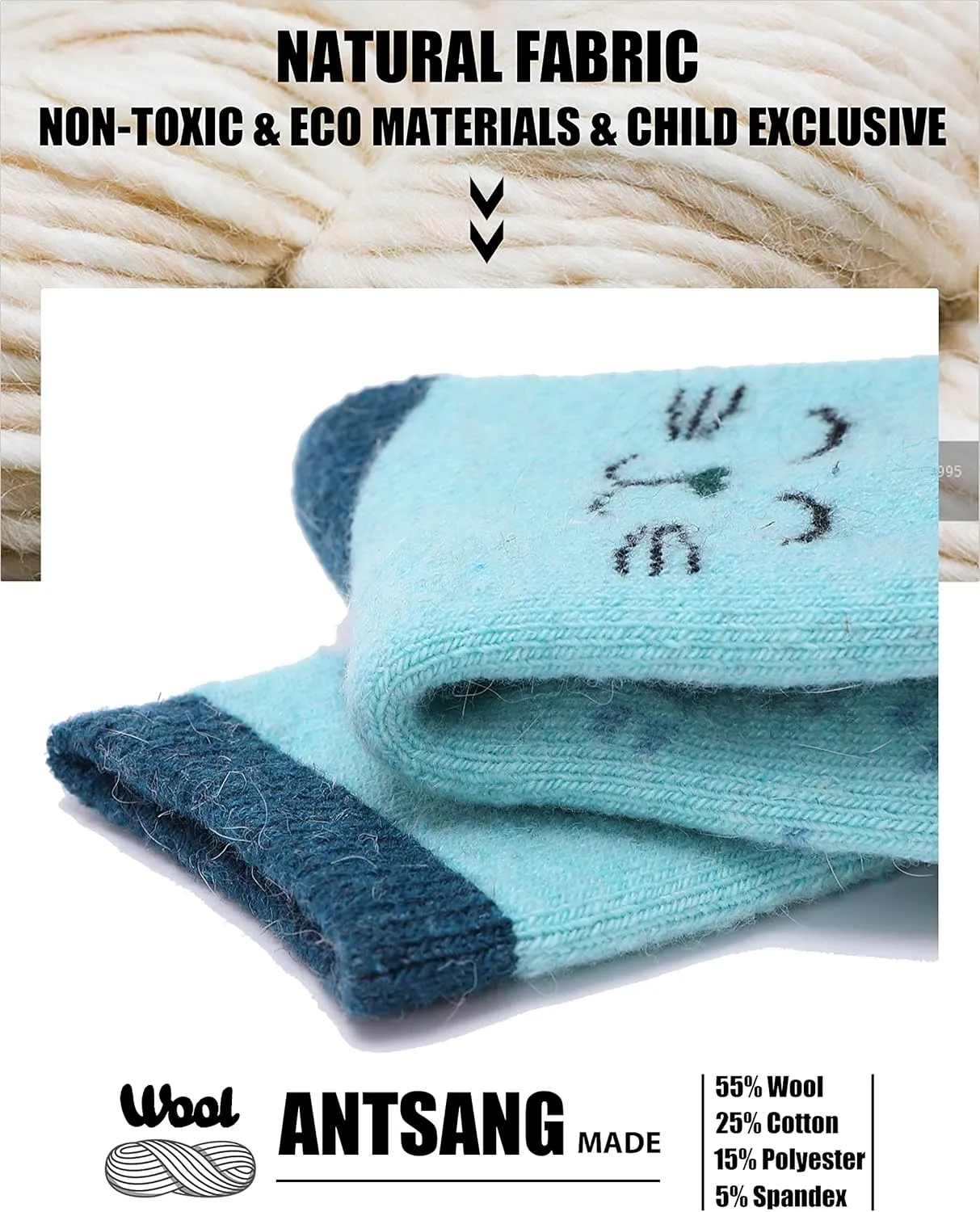ANTSANG Kids Merino Wool Hiking Socks for Toddlers Boys Girls Warm Thick Thermal Crew Boot Heavy Cozy Gift Socks 6 Pairs