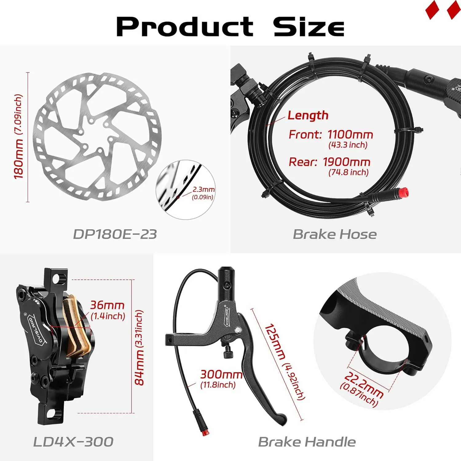 E-Bike Hydraulic Disc Brake Set 4-Pistons/2-Pistons, 2-PIN/3-PIN Pre-Bled with Mineral Oil Brakes KitFront and Rear Set180mm 2.3mm Thick Rotors
