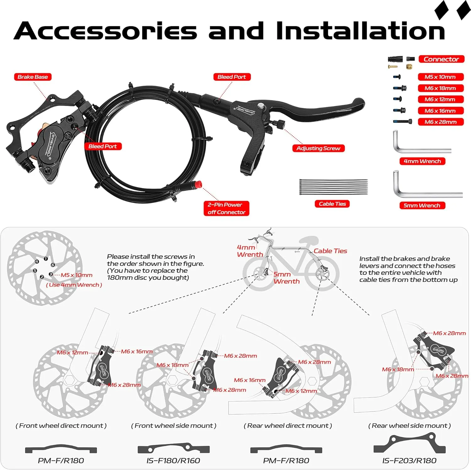 E-Bike Hydraulic Disc Brake Set 4-Pistons/2-Pistons, 2-PIN/3-PIN Pre-Bled with Mineral Oil Brakes KitFront and Rear Set180mm 2.3mm Thick Rotors