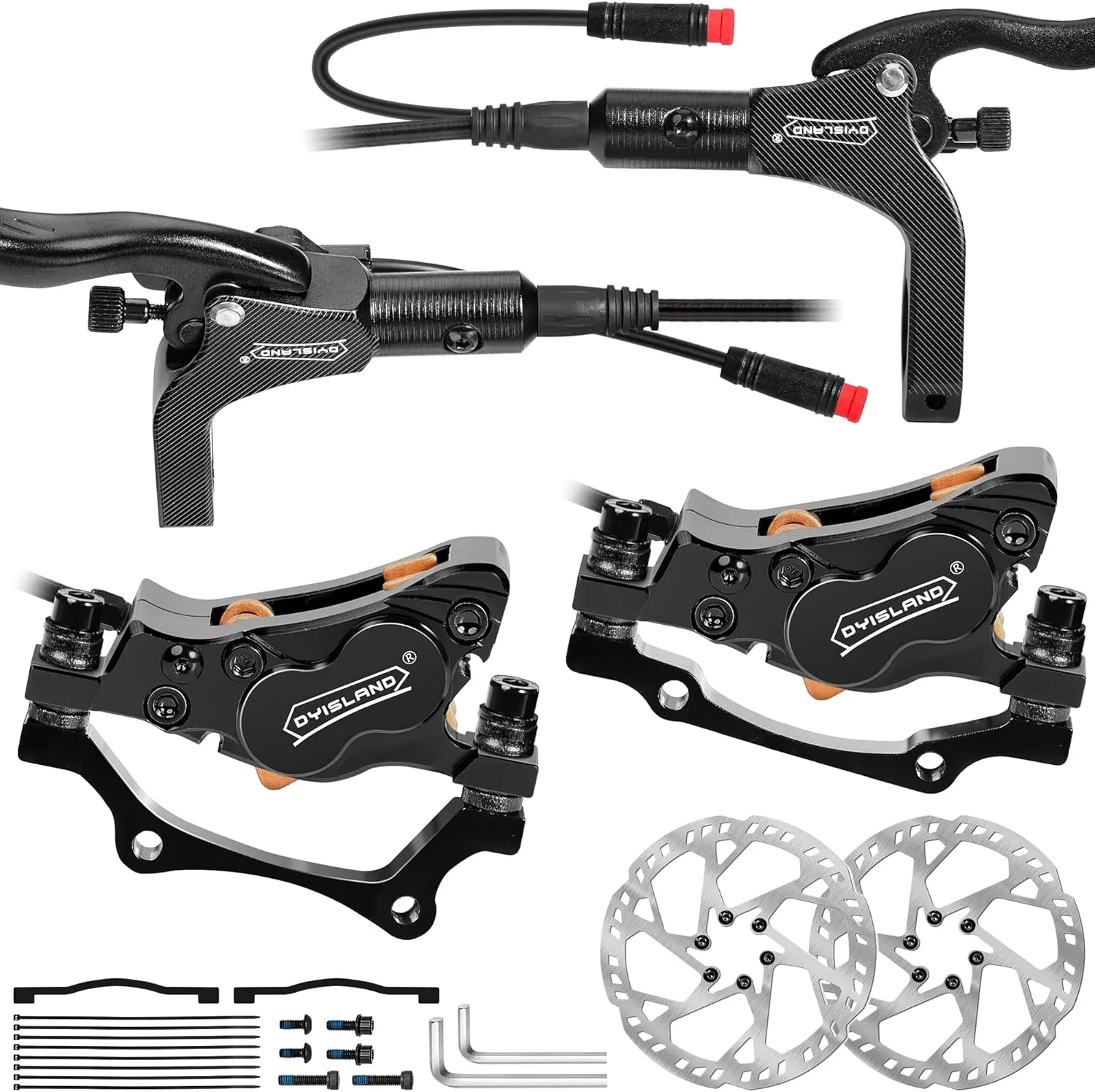 E-Bike Hydraulic Disc Brake Set 4-Pistons/2-Pistons, 2-PIN/3-PIN Pre-Bled with Mineral Oil Brakes KitFront and Rear Set180mm 2.3mm Thick Rotors