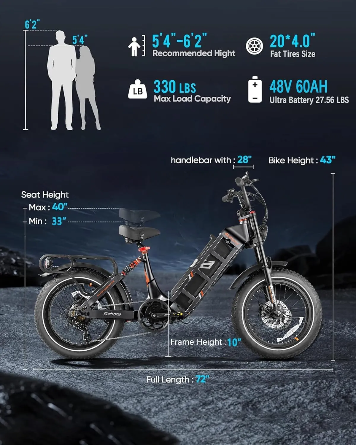 eAhora Juliet Pro II Electric Bike - 4400W Dual Motor 43MPH 60V 70Ah 200Mile Long Range Electric Bike for Adults, 20'' Fat Tire Fast Electric Mountain Bike Full Suspension Electric Bicycle