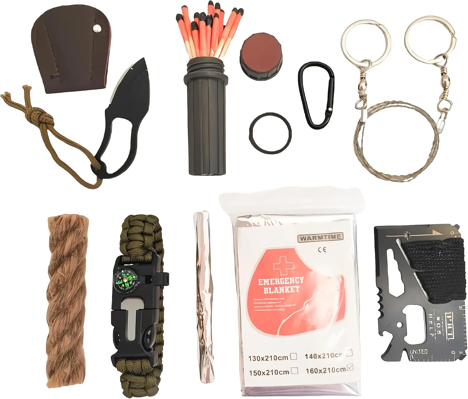 Emergency Survival Kit with Stormproof Matches, Waxed Tinder Rope, Emergency Blanket, Wire Saw, Knife, Multi Tool Card, 5-in-1 Paracord Bracelet with Compass & Whistle  for Camping, Hiking, First Aid