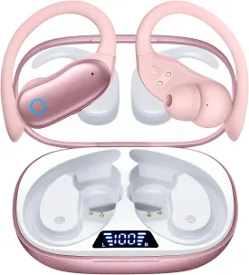 GNMN Ear Buds Wireless Earbuds 96hrs Playback Bluetooth Headphones IPX7 Waterproof Stereo Bass Over-Ear Earphones with Earhooks Microphone LED Battery Display for Sports/Workout/Gym/Running Rose Pink