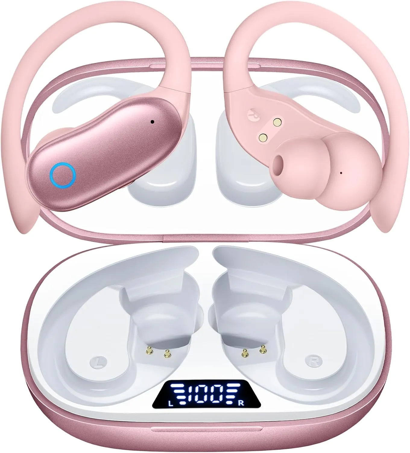 GNMN Ear Buds Wireless Earbuds 96hrs Playback Bluetooth Headphones IPX7 Waterproof Stereo Bass Over-Ear Earphones with Earhooks Microphone LED Battery Display for Sports/Workout/Gym/Running Rose Pink