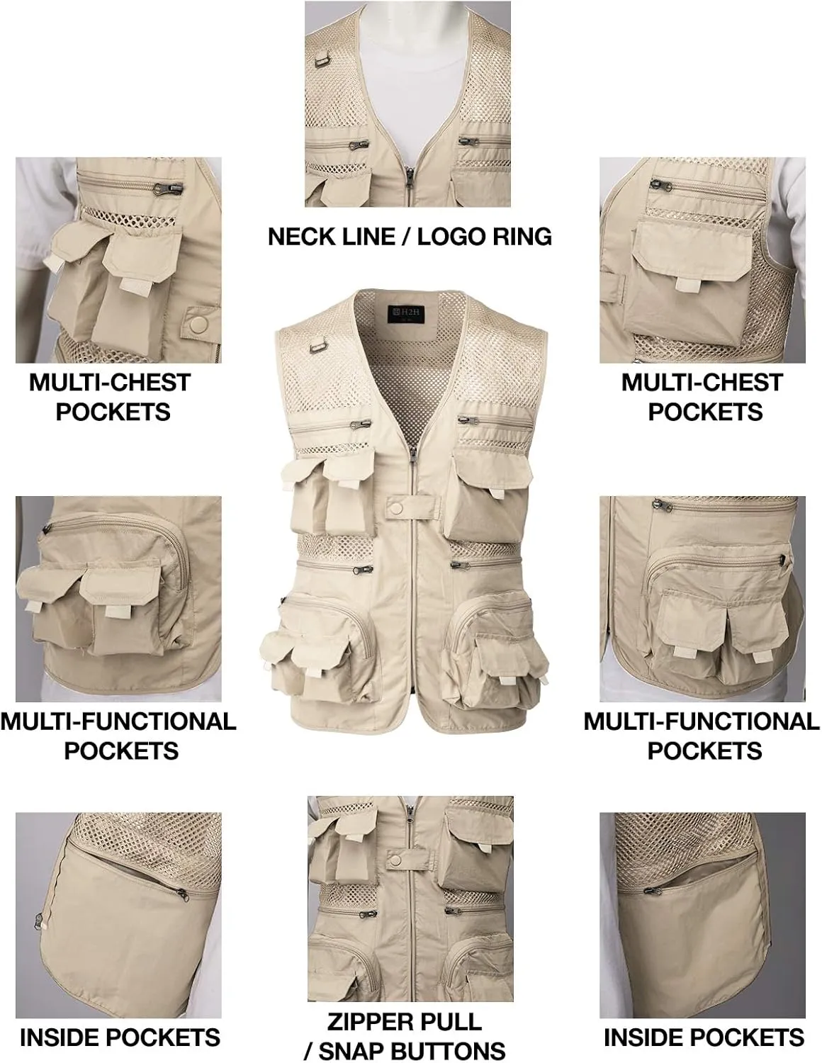 H2H Men's Active Wear Outdoor Vests Work Safari Fishing Travel Utility Summer Vest
