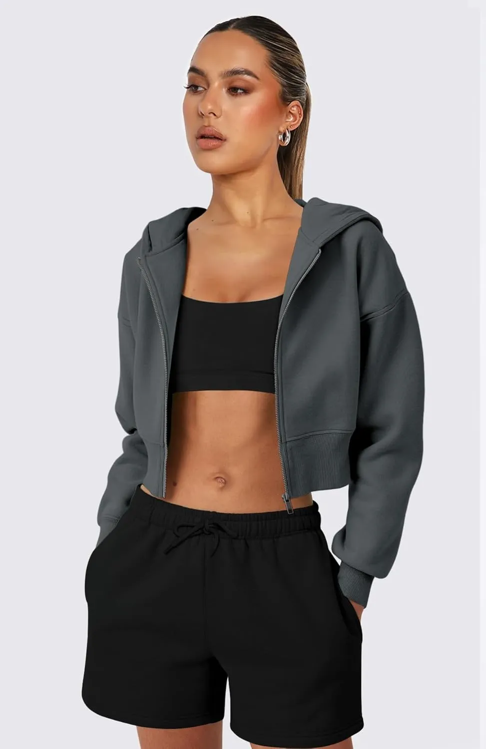 NANJUN Womens Full Zip Fleece Hoodies Jackets Fashion High Waist Sweatshirts Outfits Casual Comfy Tops Four Seasons