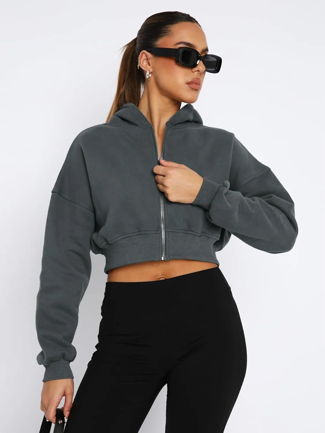 NANJUN Womens Full Zip Fleece Hoodies Jackets Fashion High Waist Sweatshirts Outfits Casual Comfy Tops Four Seasons