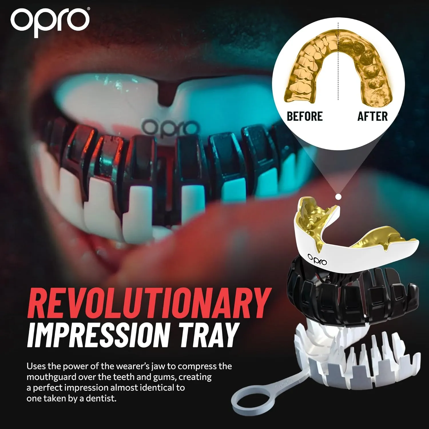 OPRO Instant Custom-Fit Mouth Guard, Dentist-Level Comfort, Protection & Fit - Moldable Mouthguard for Football, Boxing, Rugby, MMA, BJJ, UFC Mouth Piece- Includes Mouth Guard Case (UFC Black, Adult)