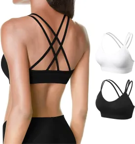 VEQKING Women's Cross Back Sports Bra Padded Strappy Medium Support Yoga Bra for Workout Fitness 3 Pack