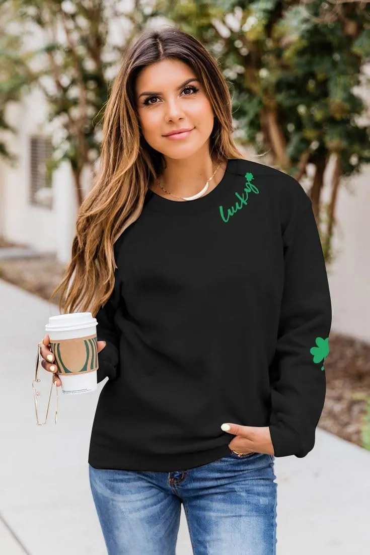 VILOVE Women St Patricks Day Sweatshirts Lucky Clover Sweater Irish Shamrock Pullover Long Sleeve Graphic Tops