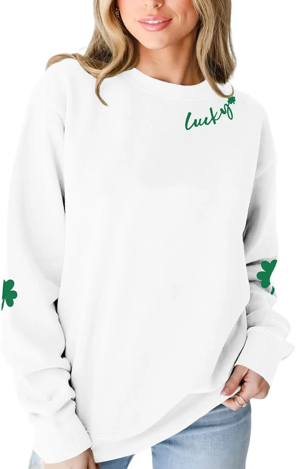 VILOVE Women St Patricks Day Sweatshirts Lucky Clover Sweater Irish Shamrock Pullover Long Sleeve Graphic Tops