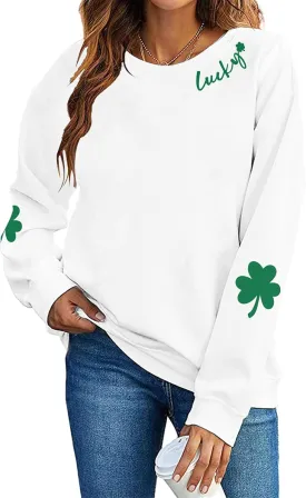 VILOVE Women St Patricks Day Sweatshirts Lucky Clover Sweater Irish Shamrock Pullover Long Sleeve Graphic Tops
