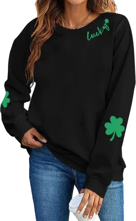 VILOVE Women St Patricks Day Sweatshirts Lucky Clover Sweater Irish Shamrock Pullover Long Sleeve Graphic Tops