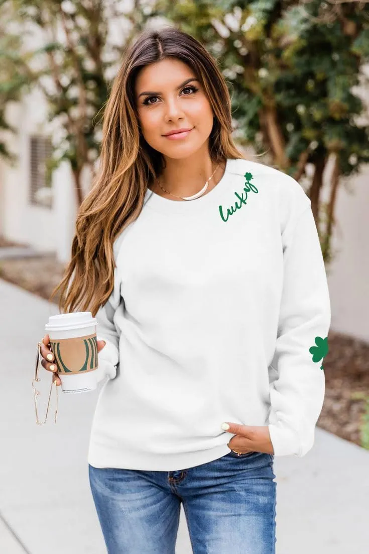 VILOVE Women St Patricks Day Sweatshirts Lucky Clover Sweater Irish Shamrock Pullover Long Sleeve Graphic Tops