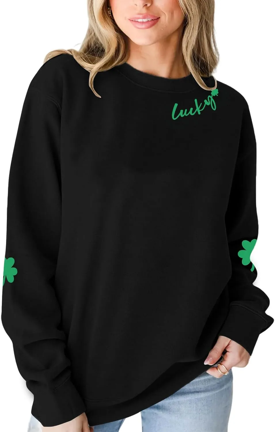 VILOVE Women St Patricks Day Sweatshirts Lucky Clover Sweater Irish Shamrock Pullover Long Sleeve Graphic Tops