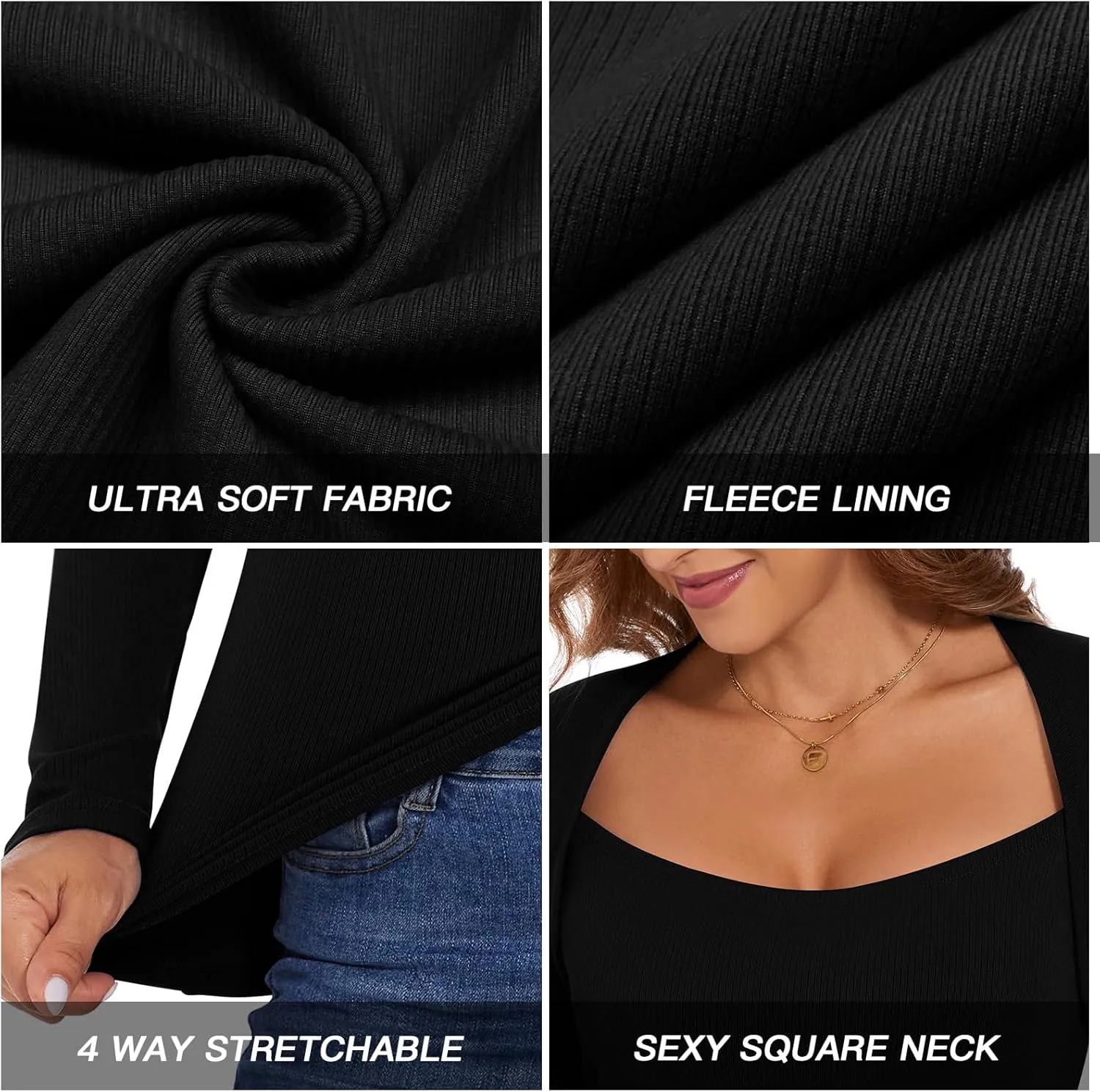Women's Square Neck Thermal Long Sleeve Shirts Sexy Ribbed Slim Fitted Tops Winter Fleece Lined Casual Warm Base Layer