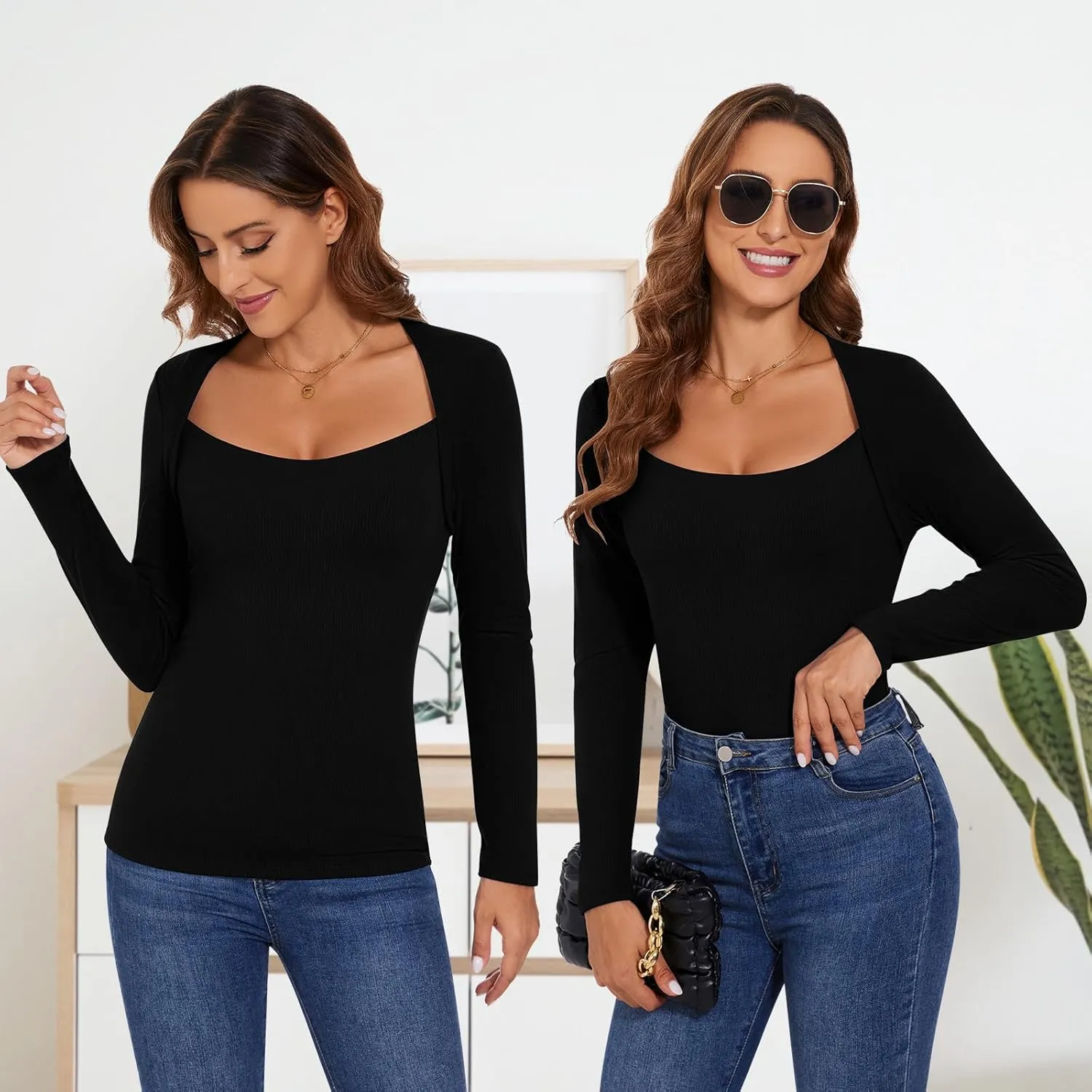 Women's Square Neck Thermal Long Sleeve Shirts Sexy Ribbed Slim Fitted Tops Winter Fleece Lined Casual Warm Base Layer